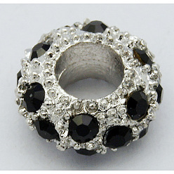 Jet Alloy Rhinestone European Beads, Large Hole Beads, Rondelle, Platinum Metal Color, Jet, 11x6mm, Hole: 5mm