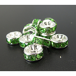 Бледно-Зеленый Латунные бусины разделители для поставки стразов, класс А, серебряный цвет гальваническим, рондель, бледно-зеленый, Размер : диаметром около 8 мм , толщиной 3.5 мм , отверстие : 2 мм