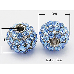 Bleu Ciel Perles en alliage, avec strass de moyen-orient, ronde, argenterie, bleu clair, taille: environ 9mm de diamètre, épaisseur de 8mm, Trou: 2mm