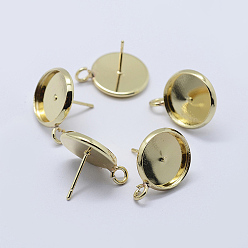 Golden Brass Stud Earring Settings, with Loop, Flat Round, Golden, Tray: 12mm, 17~18x14mm, Hole: 2mm, Pin: 0.8mm