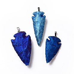 Azul Chapado Colgantes de cristal de cuarzo galvanizado, con la conclusión de latón, gunmetal, punta de flecha, azul chapado, 50~70x24~38x6~11 mm, agujero: 5x8 mm