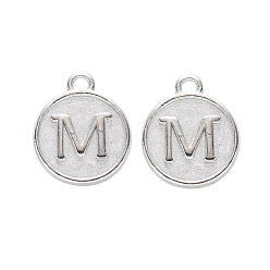 Letter M Alloy Pendant Cabochon Settings, For Enamel, Cadmium Free & Lead Free, Flat Round with Letter, Platinum, Letter.M, 14x12x2mm, Hole: 1.5mm