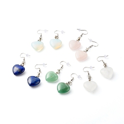Mixed Stone Natural & Synthetic Mixed Heart  Gemstone Dangle Earrings, with 304 Stainless Steel Earring Hooks, 53mm, Pin: 0.8mm