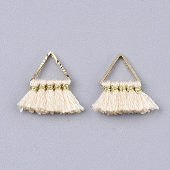 PeachPuff Polycotton(Polyester Cotton) Tassel Charms Decorations, Mini Tassel, with Brass Findings, Triangle, Golden, PeachPuff, 14~15x12~15x2mm, Hole: 7x6mm
