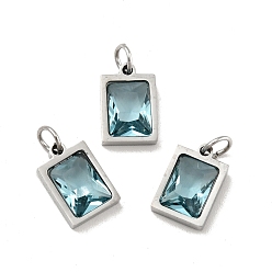 Light Cyan 304 Stainless Steel Pendants, with Cubic Zirconia and Jump Rings, Single Stone Charms, Rectangle, Stainless Steel Color, Light Cyan, 11.5x8x3.5mm, Hole: 3.6mm