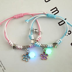 Flower 2Pcs 2 Color Luminous Beads & Alloy Enamel Charms Bracelets Set, Glow In The Dark Magnetic Charms Couple Bracleets for Best Friends Lovers, Flower Pattern, 5-7/8~11-3/4 inch(15~30cm), 1Pc/color