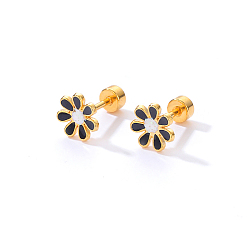 Black Real 18K Gold Plated Stainless Steel Stud Earrings for Women, Daisy Flower, Black, No Size