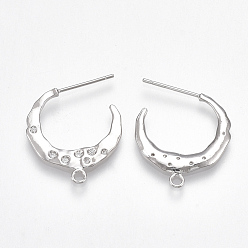 Real Platinum Plated Brass Stud Earring Findings, Half Hoop Earrings, with Loop & Cubic Zirconia, Clear, Nickel Free, Real Platinum Plated, 21x20x1.5mm, Hole: 1.5mm, Pin: 0.8mm