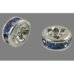 Light Sapphire Brass Grade A Rhinestone Spacer Beads, Silver Color Plated, Nickel Free, Light Sapphire, 8x3.8mm, Hole: 1.5mm