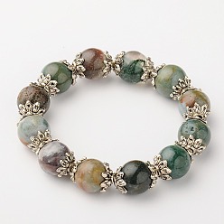 Indian Agate Natural Gemstone Round Bead Stretch Bracelets, with Antique Silver Plated Alloy Bead Caps, Indian Agate, 42mm
