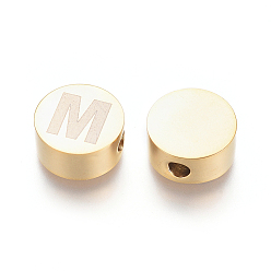 Letter M 304 Stainless Steel Beads, Flat Round with Letter, Letter.M, 10x4.5mm, Hole: 2mm