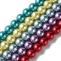 Mixed Color Eco-Friendly Glass Pearl Bead Strands, Round, Dyed, Cotton Cord Threaded, Mixed Color, 14mm, Hole: 1.2~1.5mm, about 30pcs/strand, 15.7 inch