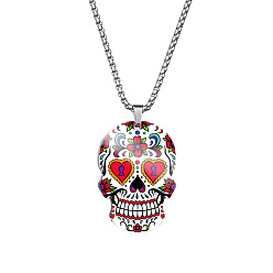 Red Stainless Steel Skull with Flower Pendant Necklaces, Halloween Jewelry for Women, Red, 23.62 inch(60cm)