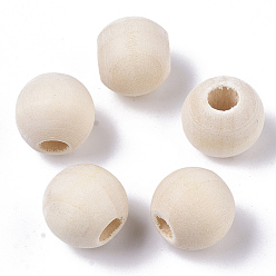 Blanc Floral Perles européennes en bois naturel non fini, perles de trous de lager, ronde, floral blanc, 12x10.5mm, Trou: 5mm