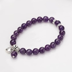 Amethyst Natural Amethyst Beaded Bracelets, with Alloy Findings, 56mm