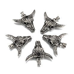 Antique Silver 316 Surgical Stainless Steel Big Pendants, Cattle Skull, Antique Silver, 43x50x11mm, Hole: 8x4mm