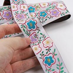 Ghost White Ethnic Style Embroidery Polyester Ribbons, Jacquard Ribbon, Garment Accessories, Flower Pattern, Ghost White, 1-1/4 inch(33mm), about 7.44 Yards(6.8m)/Roll