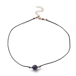 Lapis Lazuli Natural Lapis Lazuli Beaded Necklaces, with Waxed Cotton Cords, Brass Round Beads and 304 Stainless Steel Lobster Claw Clasps, Golden, 15.75 inch(40cm)
