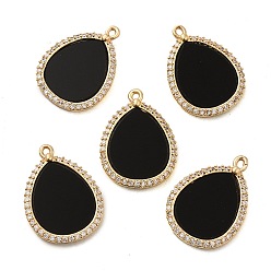 Obsidian Natural Obsidian Pendants, Teardrop Charms with Rack Plating Gloden Tone Brass Micro Pave Clear Cubic Zirconia Findings, 20.5x15x2mm, Hole: 1mm