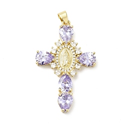 Lilac Rack Plating Brass Micro Pave Cubic Zirconia Pendants, Cadmium Free & Lead Free, Real 18K Gold Plated, Cross with Saint, Lilac, 45.5x29x6mm, Hole: 4x6mm