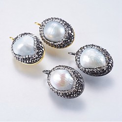 Platinum & Golden Natural Cultured Freshwater Pearl Pendants, with Polymer Clay Rhinestone and Brass Findings, Oval, Platinum & Golden, 23x14.5mm, Hole: 2.5mm