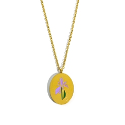 February Iris Birth Month Flower Style Titanium Steel Oval Pendant Necklace, Golden, February Iris, 15.75 inch(40cm)