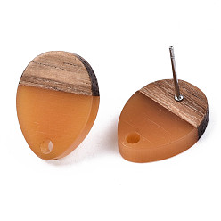 Goldenrod Resin & Walnut Wood Stud Earring Findings, with 304 Stainless Steel Pin, Teardrop, Goldenrod, 17x13mm, Hole: 1.8mm, Pin: 0.7mm