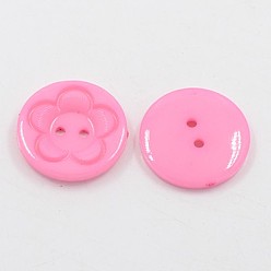 Pink Acrylic Sewing Buttons for Clothes Design, Plastic Buttons, 2-Hole, Dyed, Flat Round with Flower Pattern, Pink, 16x3mm, Hole: 1mm