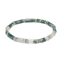 Moss Agate Natural Moss Agate Column Beaded Stretch Bracelet, Gemstone Jewelry for Women, Inner Diameter: 2-1/4 inch(5.6~5.8cm)