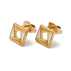 White Ion Plating(IP) Rhombus 304 Stainless Steel Stud Enamel Earrings, with 316 Surgical Stainless Steel Pin, Golden, White, 8x8mm, Pin: 0.7mm