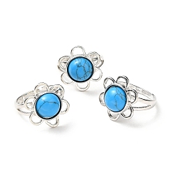 Synthetic Turquoise Synthetic Turquoise Adjustable Rings, Platinum Tone Flower Brass Rings for Women, Cadmium Free & Lead Free, US Size 7 3/4(17.9mm), 3~7mm