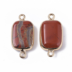 Piedra Roja Borde chapado en oro conectores de enlaces de jaspe rojo natural, con lazos dorados de hierro, Rectángulo, 26~27x13.5x6~7 mm, agujero: 1.6~1.8 mm