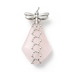 Rose Quartz Natural Rose Quartz Pendants, Teardrop Charm, with Stainless Steel Color Plated 304 Stainless Steel Dragonfly Findings, 35~40x18~20x8~10mm, Hole: 3mm