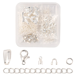 Silver DIY Jewelry Making Finding Kit, Including Zinc Alloy Lobster Claw Clasps, Iron Open Jump Rings & Folding Crimp Ends & End Chains, Brass Snap on Bails & Wire Guardian, Silver, 200Pcs/box