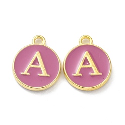Letter A Golden Plated Alloy Enamel Charms, Cadmium Free & Lead Free, Enamelled Sequins, Flamingo, Flat Round with Letter, Letter.A, 14x12x2mm, Hole: 1.4mm