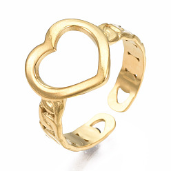 Golden 304 Stainless Steel Heart Open Cuff Ring, Chunky Hollow Ring for Women, Golden, US Size 6 3/4(17.1mm)