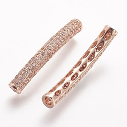 Rose Gold Brass Micro Pave Cubic Zirconia Tube Beads, Tube, Curved, Clear, Rose Gold, 31.5x4.2mm, Hole: 2mm
