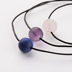 Mixed Stone Adjustable Leather Cord Necklaces, with Natural Gemstone Round Beads, 4.33 inch~7.87 inch