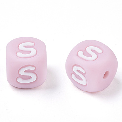 Letter S Food Grade Eco-Friendly Silicone Beads, Horizontal Hole, Chewing Beads For Teethers, DIY Nursing Necklaces Making, Letter Style, Cube, Pink, Letter.S, 10x10x10mm, Hole: 2mm