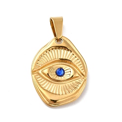 Golden Vacuum Plating 304 Stainless Steel Pendants, with 201 Stainless Steel Snap On Bails and Sapphire Rhinestone, Oval with Eye, Golden, 23.5x17.5x3mm, Hole: 6.5x3mm
