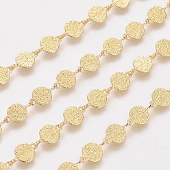 Real 18K Gold Plated Textured Brass Handmade Link Chains, with Spool, Long-Lasting Plated, Unwelded, Round, Real 18K Gold Plated, 10.5x6x0.2mm, about 32.8 Feet(10m)/roll