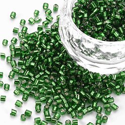Green 8/0 Glass Bugle Beads, Silver Lined, Green, 2.5~3x2.5mm, Hole: 1mm, about 15000pcs/pound