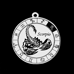 Scorpion Pendentifs en acier inoxydable, motif gravé au laser, plat rond avec constellation, Scorpion, 201mm, Trou: 33x30x1mm