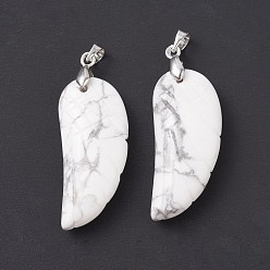 Howlite Natural Howlite Pendants, with Platinum Plated Brass Loops, Wing, 36x15~16.6x6.5~7.7mm, Hole: 5x4mm
