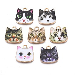 Mixed Color Printed Alloy Pendants, Cadmium Free & Nickel Free & Lead Free, Light Gold, Cat Head, Mixed Color, 17x17.5x1.5mm, Hole: 2mm