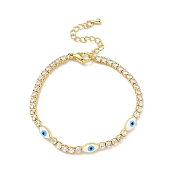White Enamel Horse Eye Link Bracelet with Clear Cubic Zirconia Tennis Chains, Gold Plated Brass Jewelry for Women, Cadmium Free & Lead Free, White, 7 inch(17.7cm)
