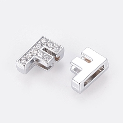Letter F Alloy Initial Slide Charms with Grade A Rhinestones, Lead Free & Nickel Free, Platinum, Letter.F, 12~13x8~13x4~5mm, Hole: 8x2mm