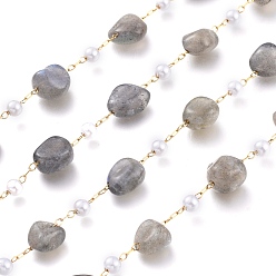 Labradorite 304 Stainless Steel Link Chains, with Glass Pearl & Natural Labradorite Nuggets Beads, Long-Lasting Plated, Unwelded, with Spool, Golden, Stone: 5~9.5x5~11x3.5~7.5mm, about 32.8 Feet(10m)/roll