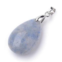 Autres Quartzs Pendentifs quartz naturel, avec les accessoires en alliage, goutte , platine, bleu acier clair, 23~24x14x8mm, Trou: 4x5mm