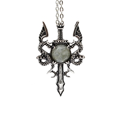 Labradorite Collier pendentif épée dragon labradorite naturelle, bijoux en alliage gothique pour hommes femmes, argent antique et platine, 19.69 pouce (50 cm)